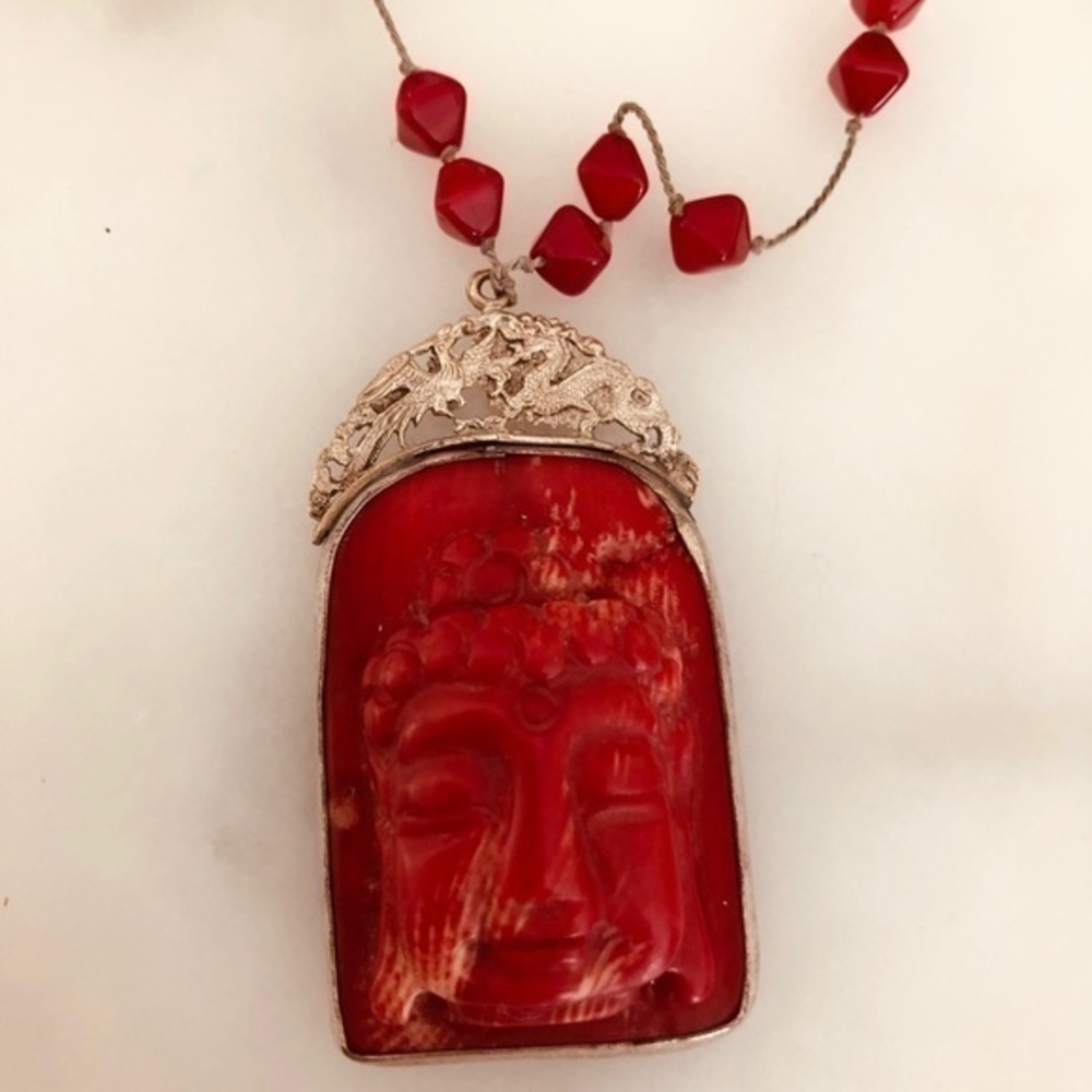 Red Agate & Coral Buddha Necklace